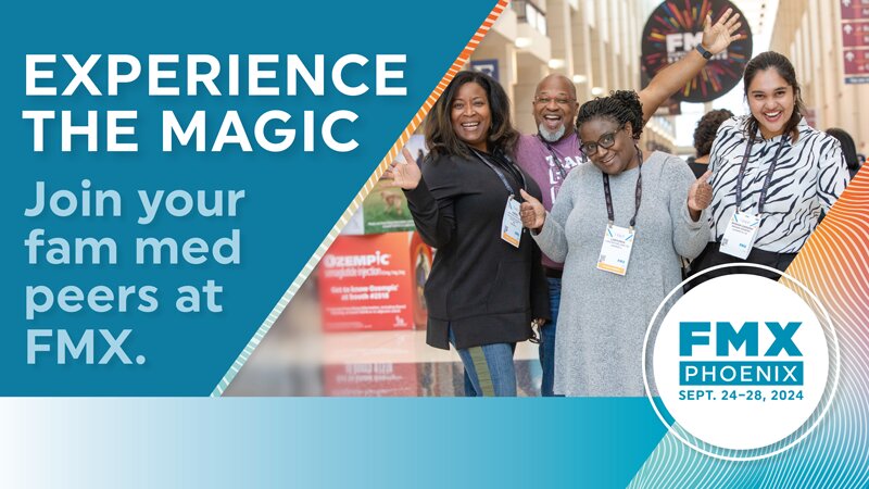 FMX 2024 graphic with four laughing attendees. Experience the Magic. Join your fam med peers at FMX.